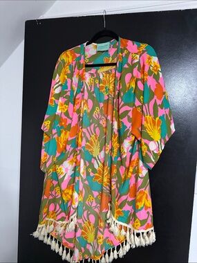 Judith March Pink Multi Floral Tassel Kimono